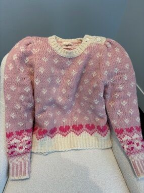 LoveShackFancy Pink and Cream Heart-Patterned Crewneck Sweater